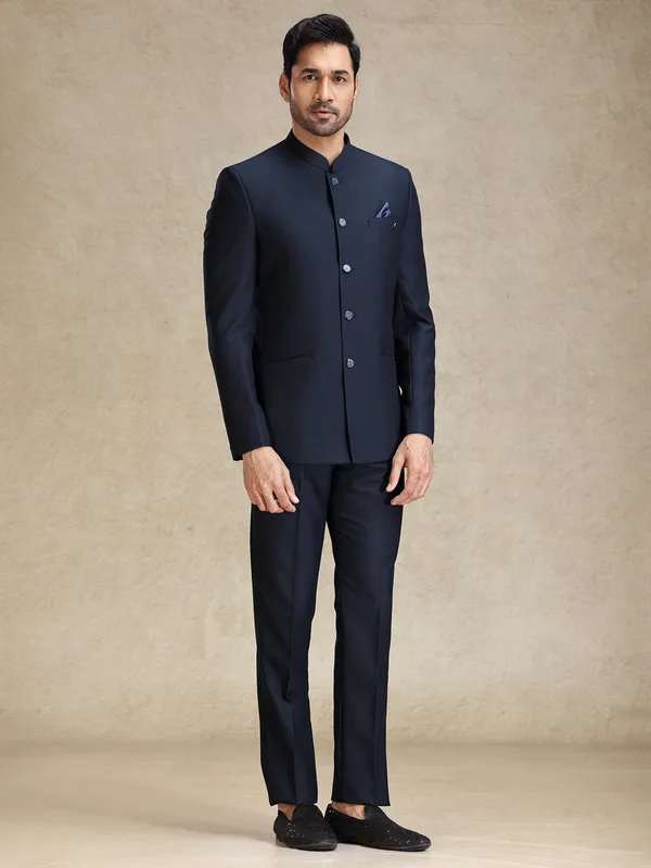 Navy bandh gala style terry rayon jacket suit
