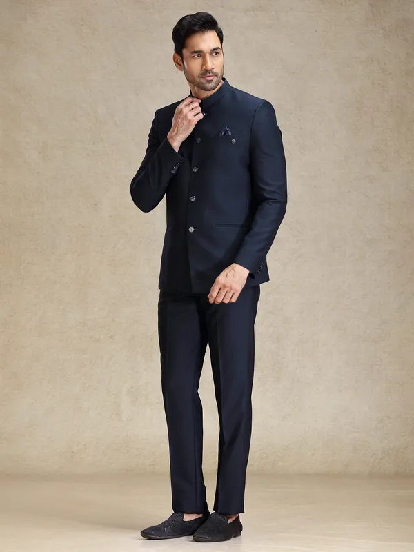Navy bandh gala style terry rayon jacket suit