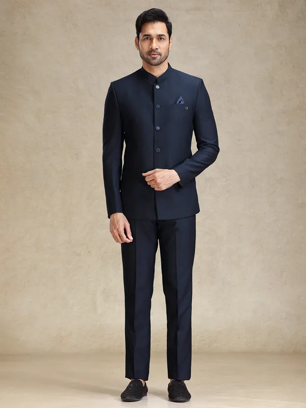 Navy bandh gala style terry rayon jacket suit