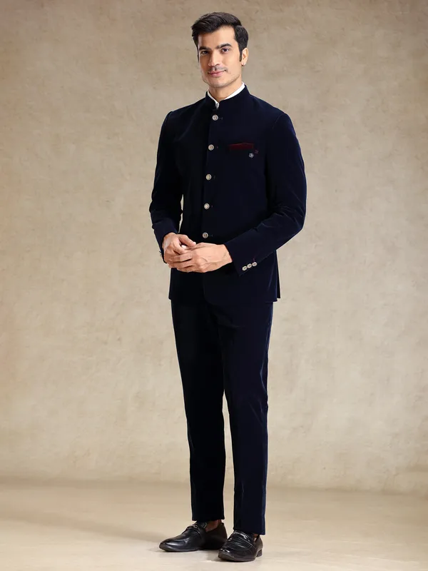 Navy bandh gala velvet jodhpuri suit