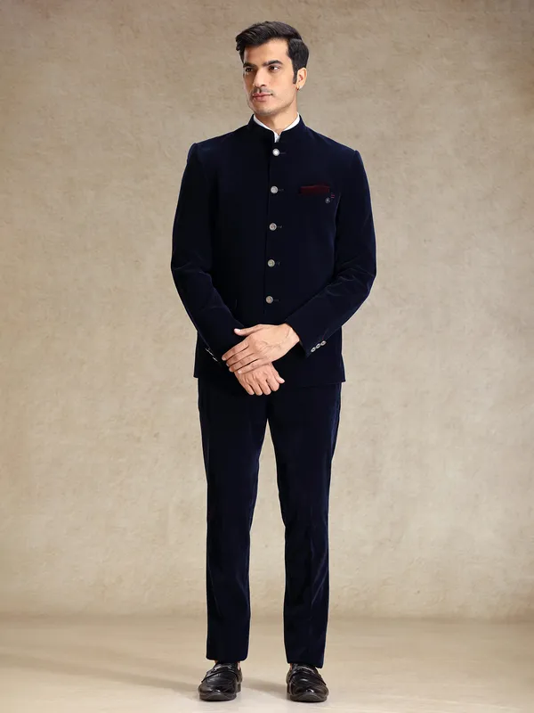 Navy bandh gala velvet jodhpuri suit