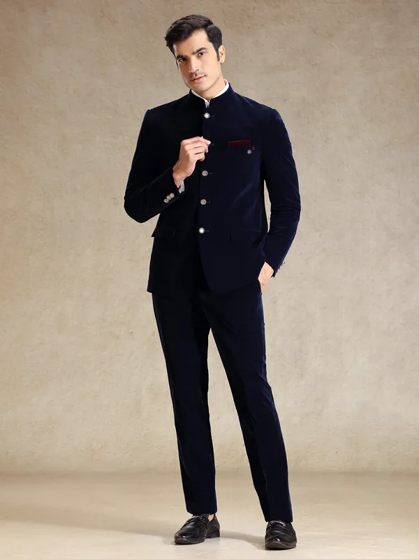 Navy bandh gala velvet jodhpuri suit