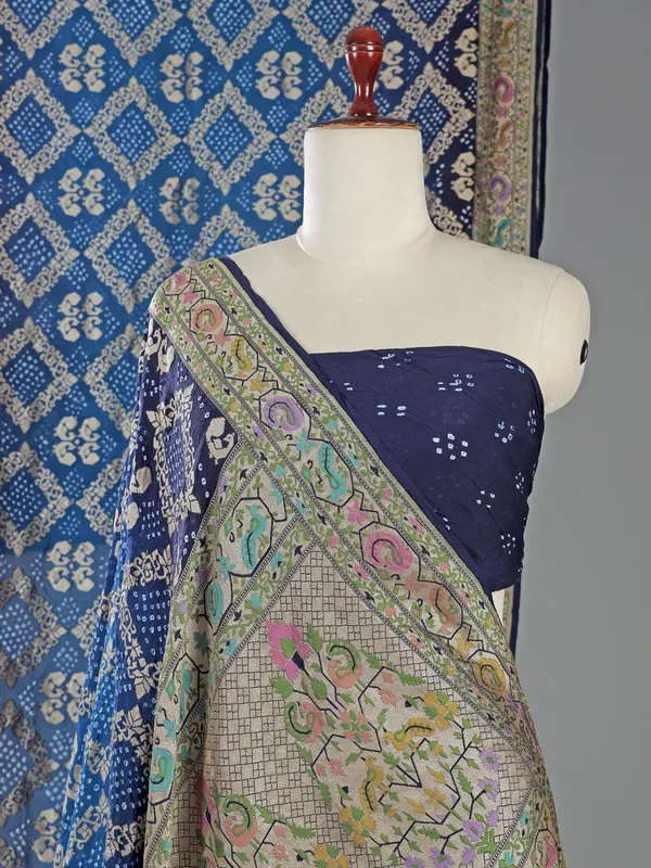 Navy bandhej silk saree with unstitched blouse