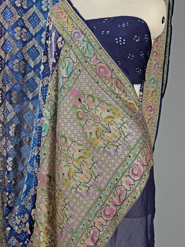 Navy bandhej silk saree with unstitched blouse