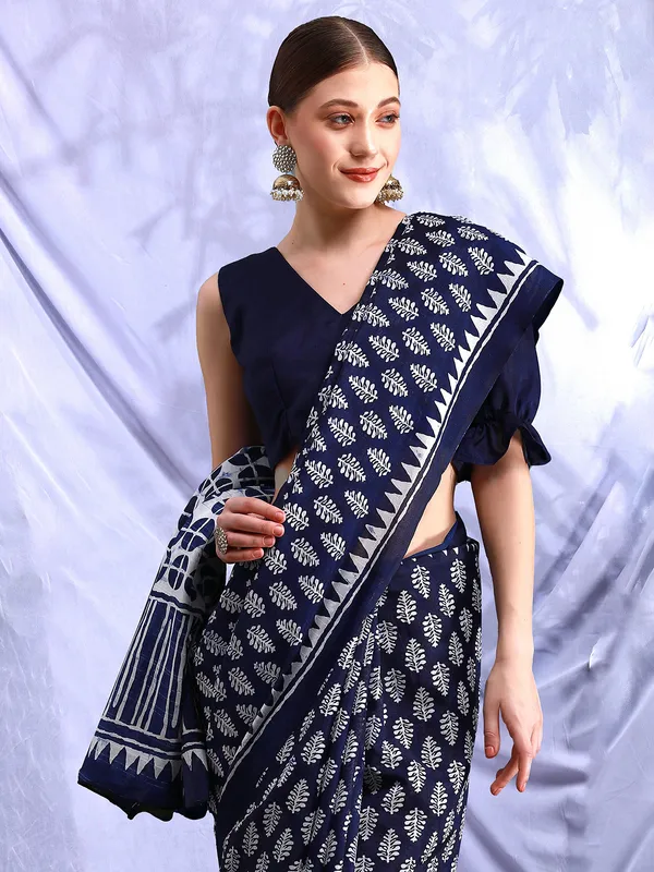Navy bhagalpuri silk saree in printed