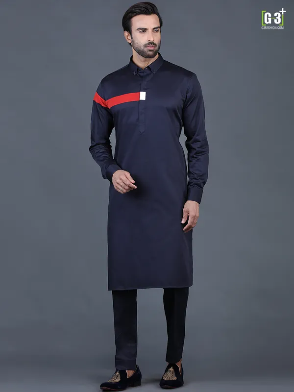 Navy blue cotton plain mens pathani suit