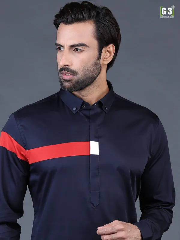 Navy blue cotton plain mens pathani suit