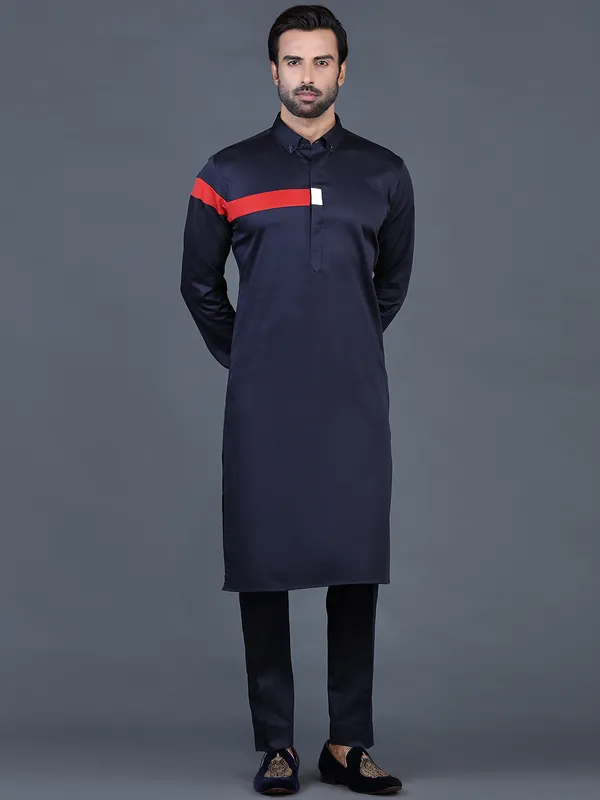 Navy blue cotton plain mens pathani suit