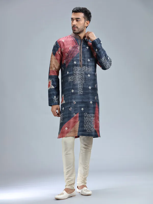 Navy blue cotton silk printed kurta set for men