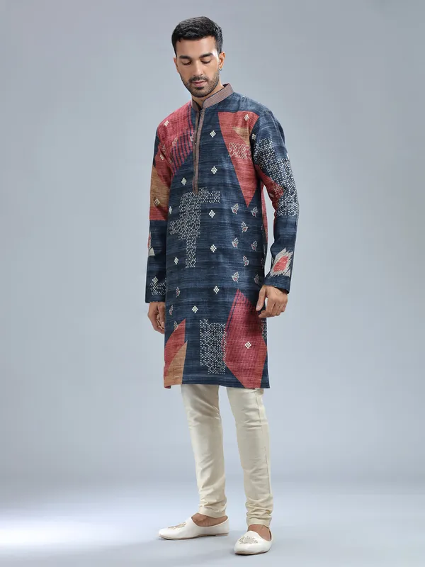 Navy blue cotton silk printed kurta set for men