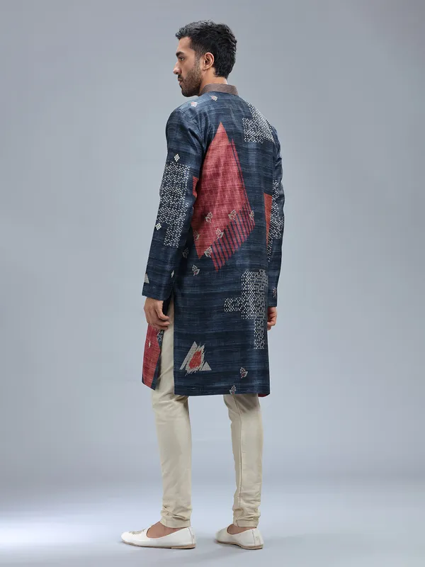 Navy blue cotton silk printed kurta set for men