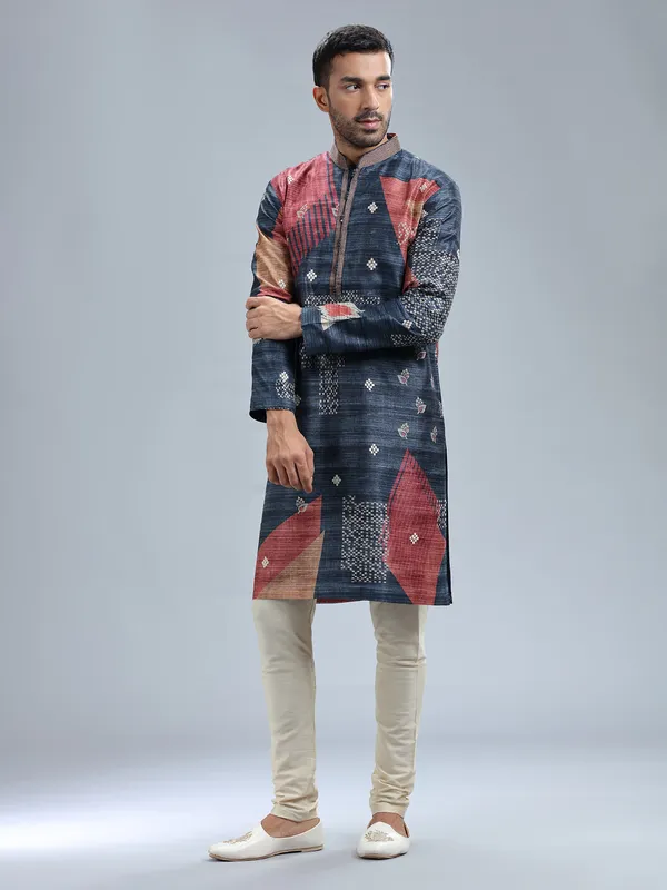 Navy blue cotton silk printed kurta set for men