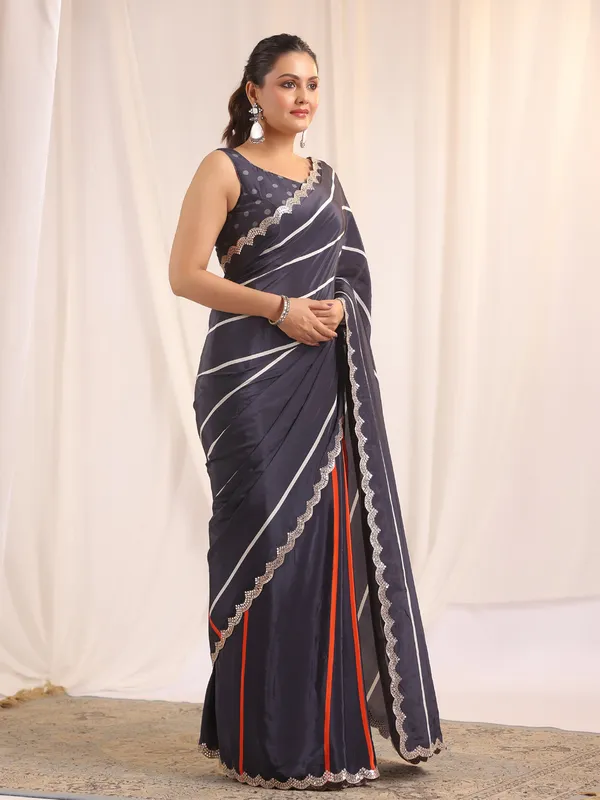 Navy blue crepe silk saree for festive wear