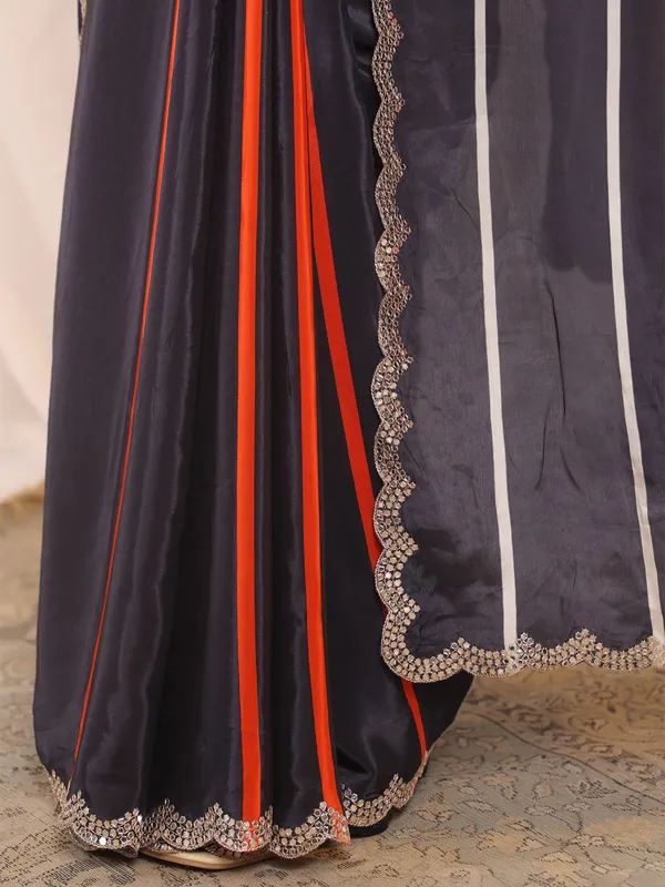Navy blue crepe silk saree for festive wear