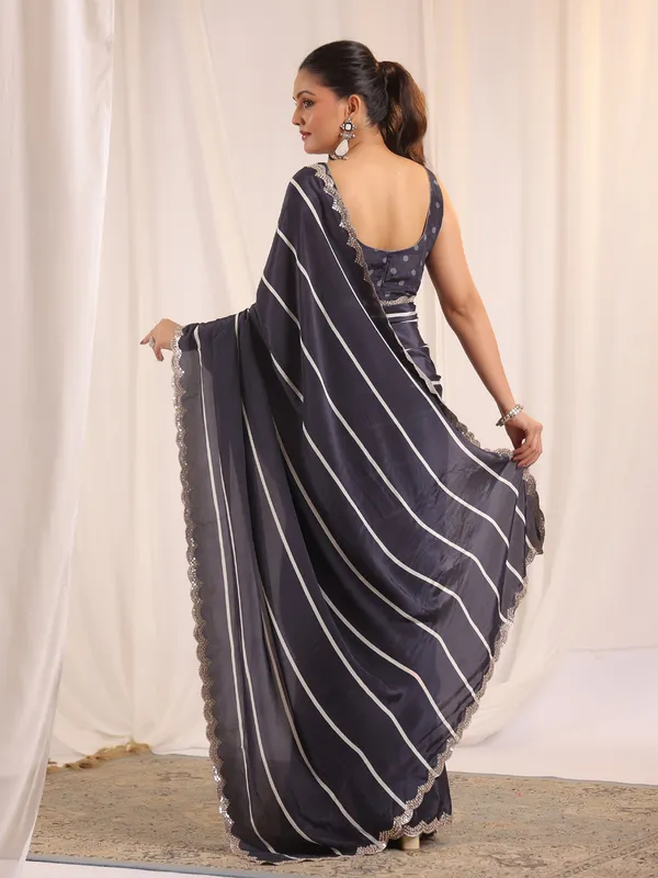 Navy blue crepe silk saree for festive wear