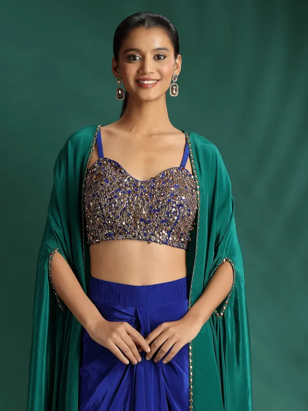 Navy blue embellished silk suit with shrug