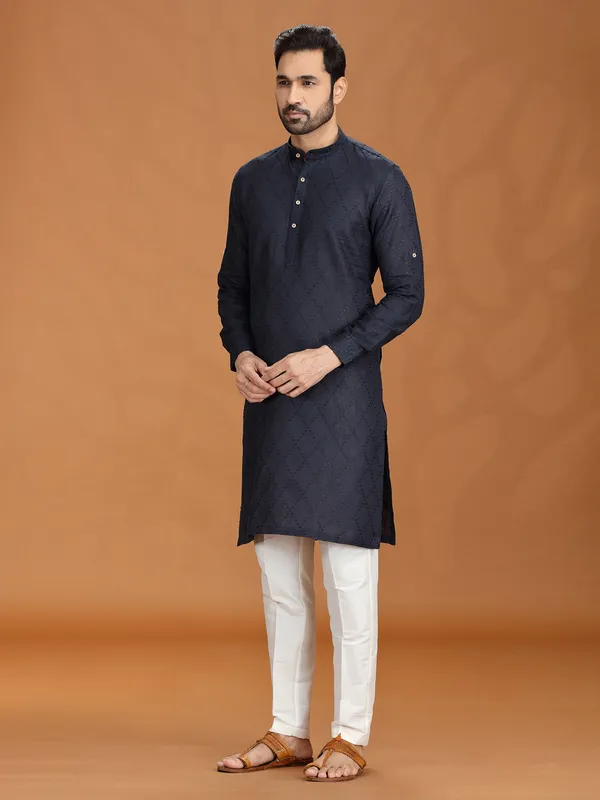 Navy blue embroidered linen kurta pant set