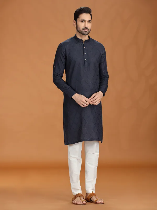 Navy blue embroidered linen kurta pant set