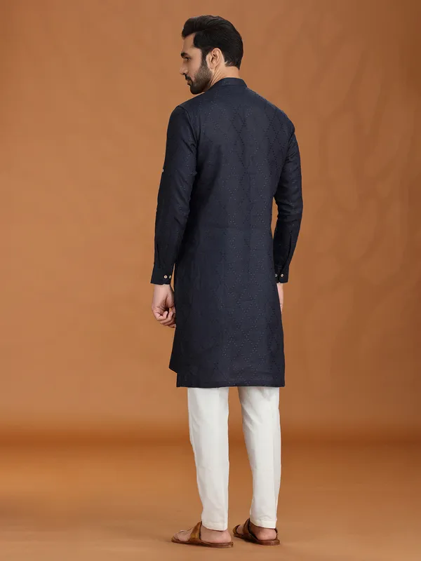 Navy blue embroidered linen kurta pant set