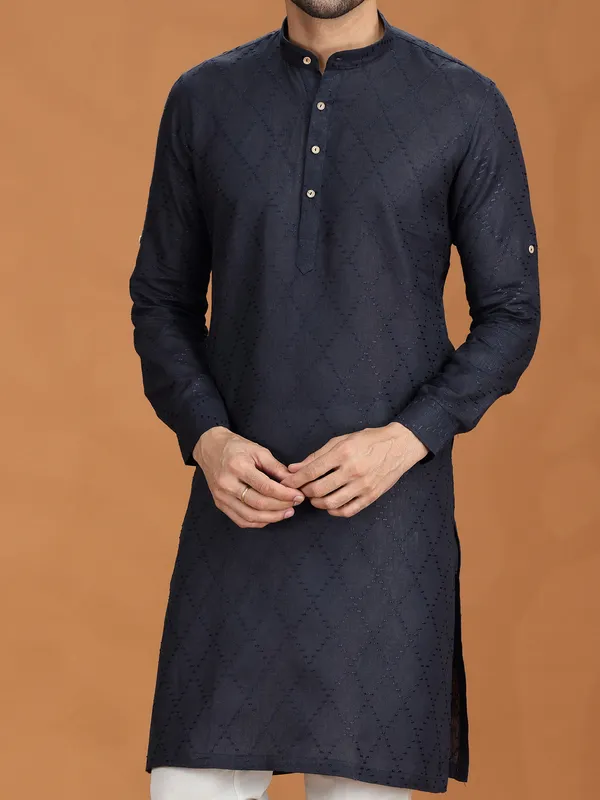 Navy blue embroidered linen kurta pant set