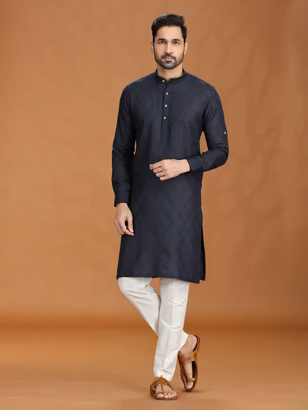 Navy blue embroidered linen kurta pant set