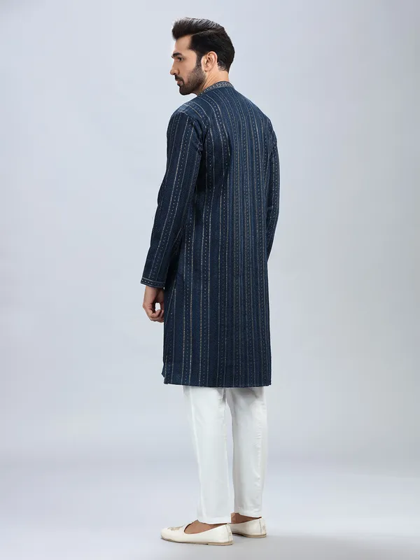 Navy blue georgette based festive style kurta set for men