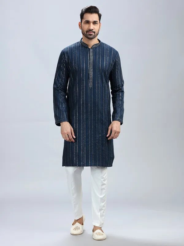 Navy blue georgette based festive style kurta set for men