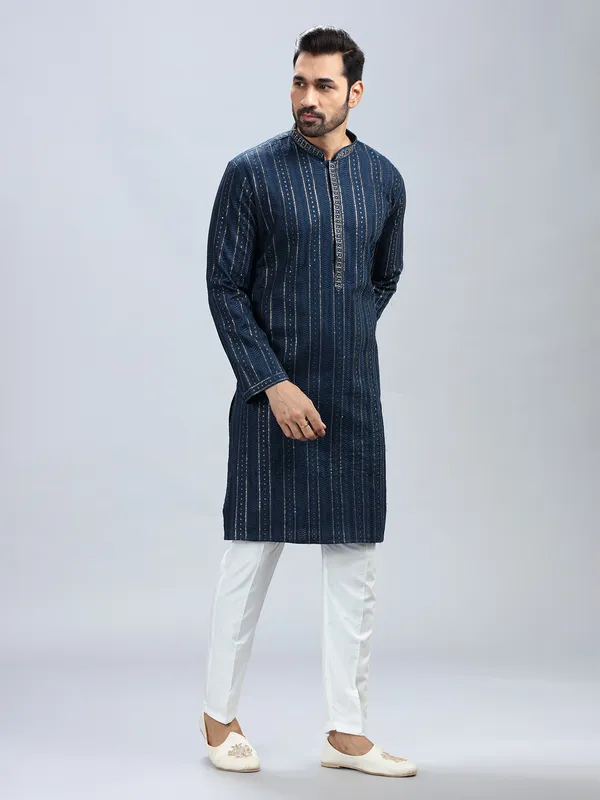 Navy blue georgette based festive style kurta set for men