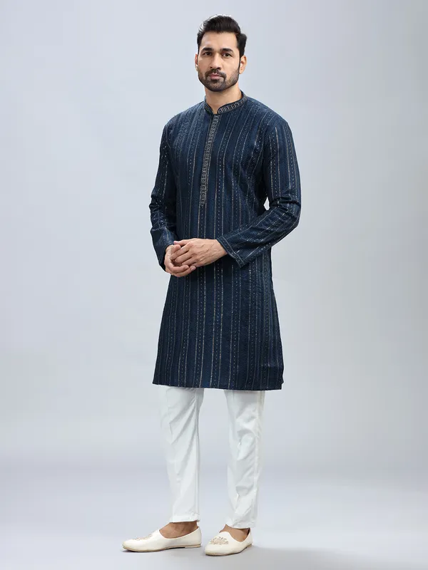 Navy blue georgette based festive style kurta set for men