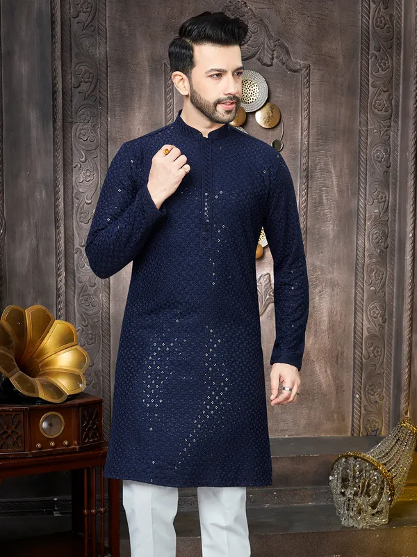 Navy blue georgette sequins kurta suit for men