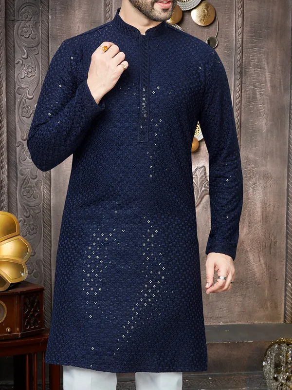 Navy blue georgette sequins kurta suit for men