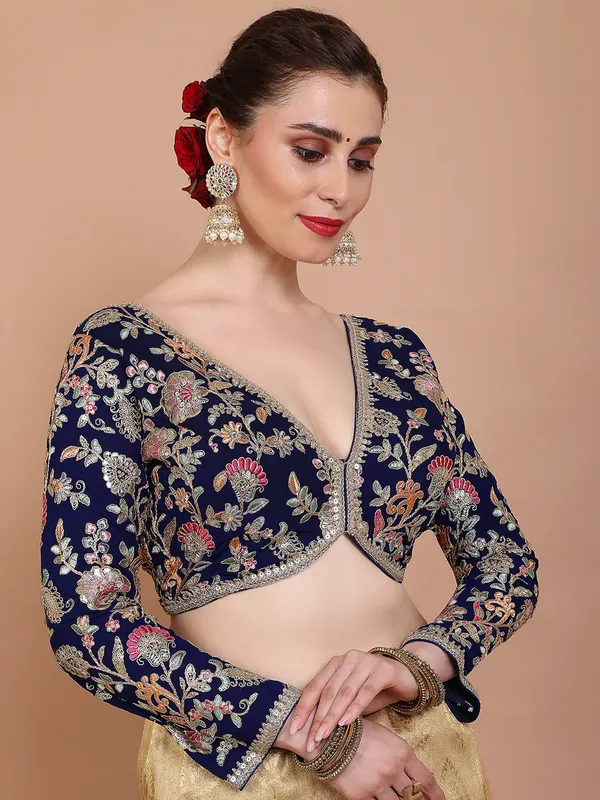 Navy blue georgette V neck ready made blouse