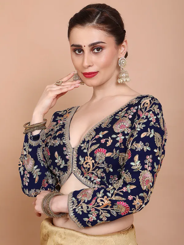 Navy blue georgette V neck ready made blouse