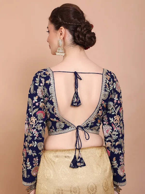 Navy blue georgette V neck ready made blouse