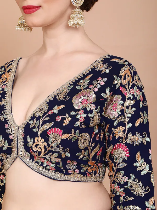 Navy blue georgette V neck ready made blouse