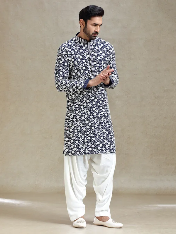 Navy blue mens kurta salwar in embroidery