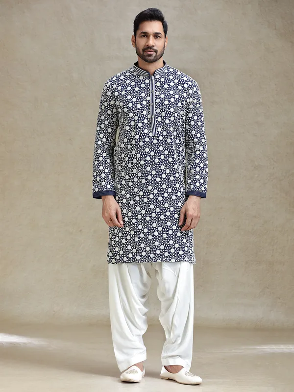 Navy blue mens kurta salwar in embroidery
