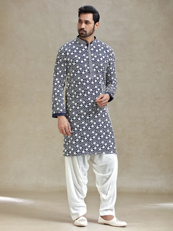 Navy blue mens kurta salwar in embroidery