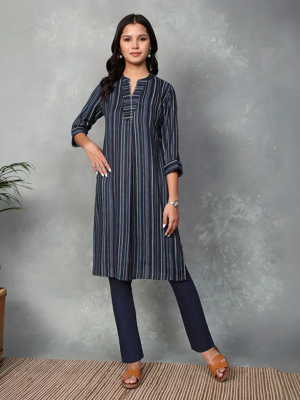 Navy blue printed cotton stand collar kurti