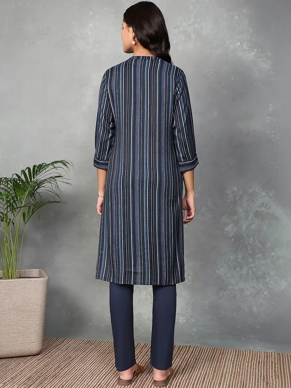 Navy blue printed cotton stand collar kurti