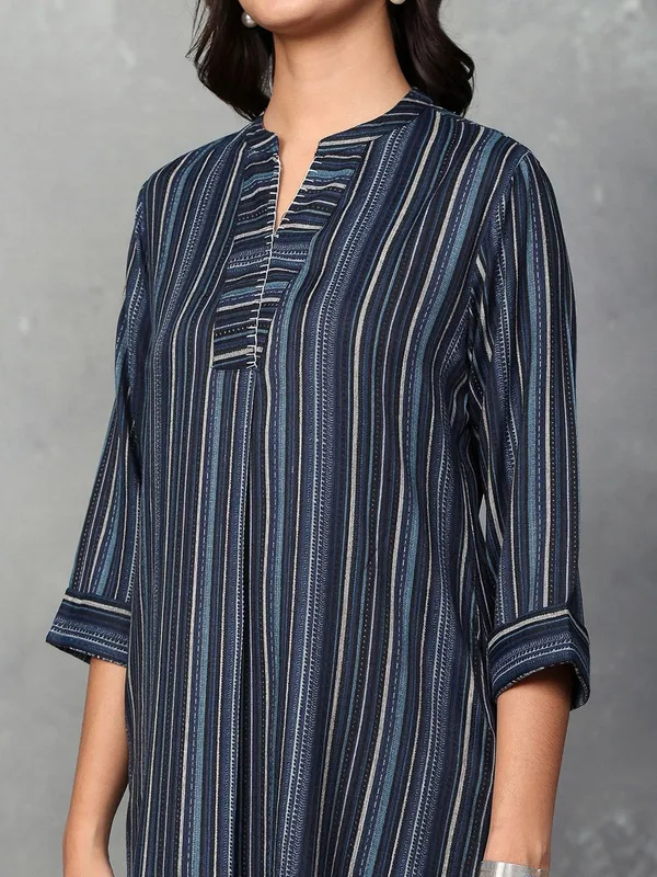 Navy blue printed cotton stand collar kurti