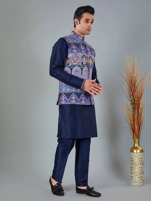 Navy blue printed silk and viscose waistcoat set