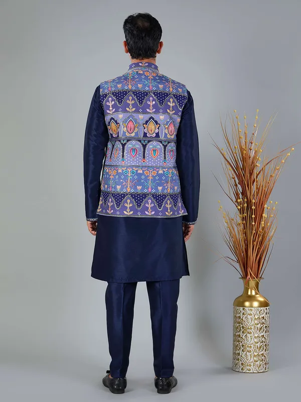 Navy blue printed silk and viscose waistcoat set