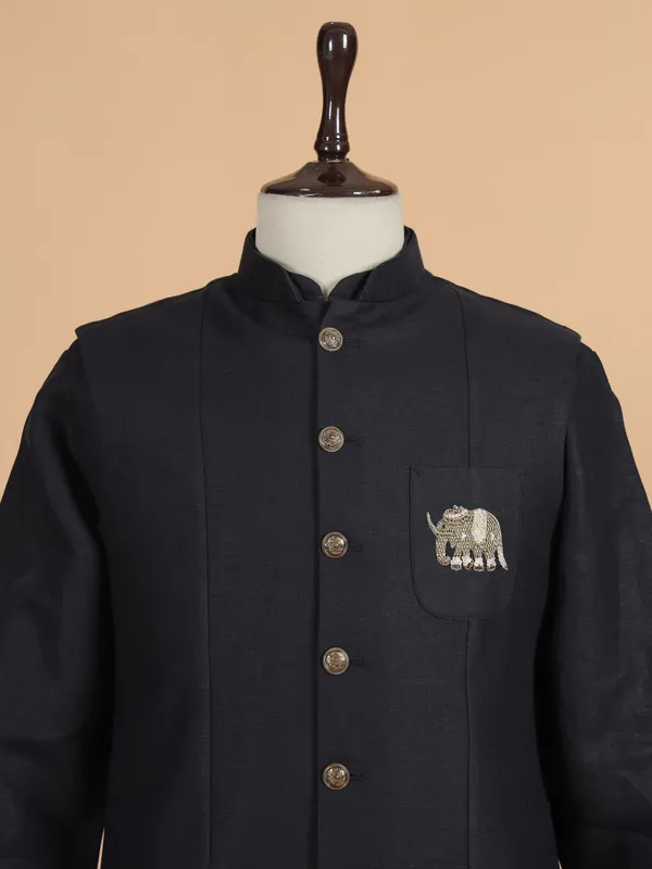 Navy blue raw silk waistcoat set for men