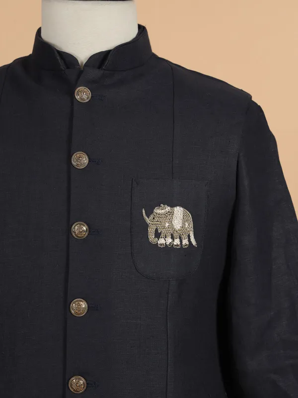 Navy blue raw silk waistcoat set for men