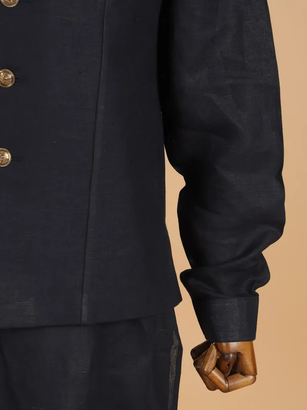 Navy blue raw silk waistcoat set for men