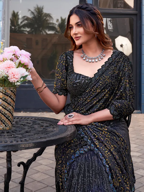 Navy blue saree in velvet with sparkle finish