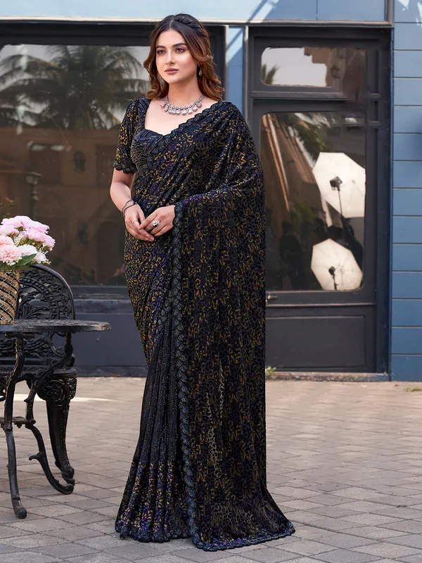 Navy blue saree in velvet with sparkle finish