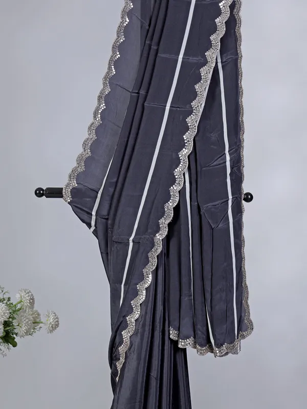 Navy blue satin silk party wear saree