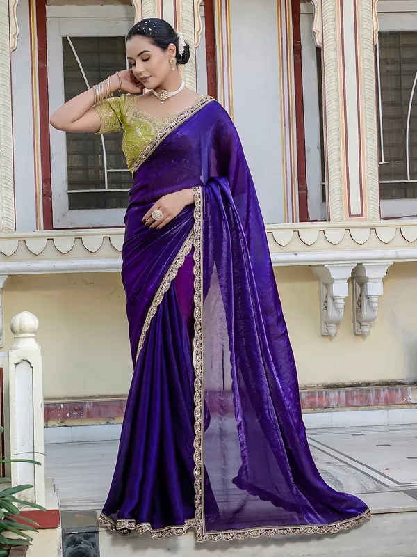 Navy blue satin silk saree with embellished detailing